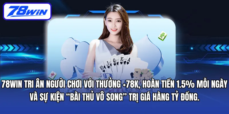 78WIN tri ân người chơi với thưởng +78K, hoàn tiền 1.5% mỗi ngày và sự kiện “Bài Thủ Vô Song” trị giá hàng tỷ đồng.